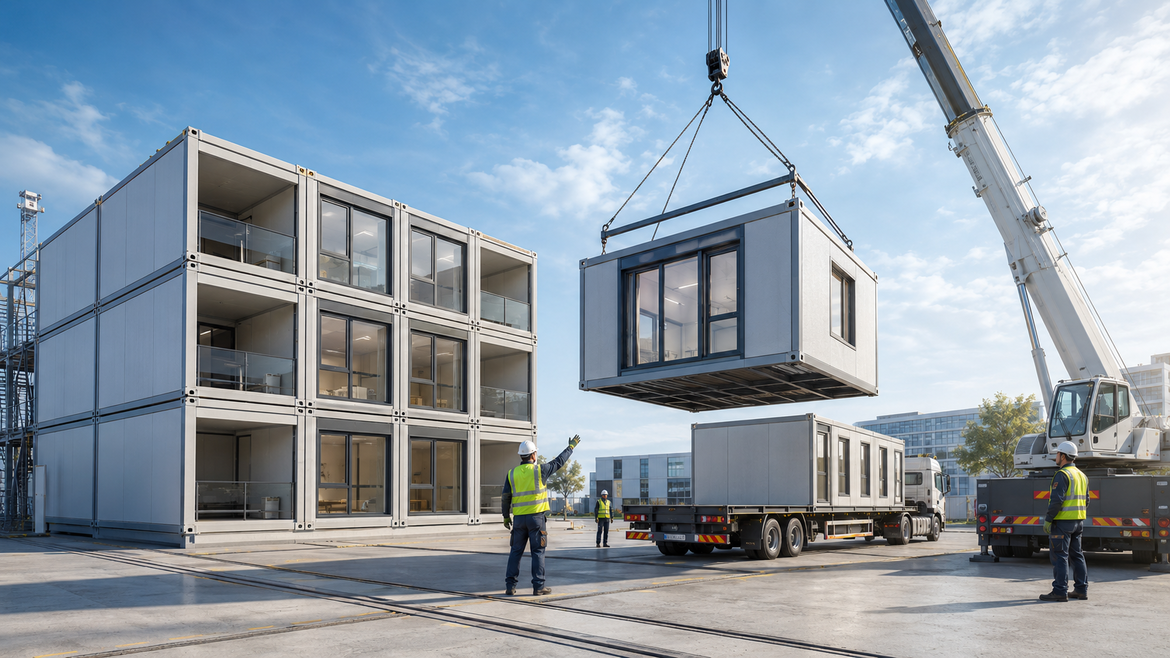 Bauarbeiter leiten einen Kran an, der einen modularen Gebäudeteil anhebt. In der Nähe bilden bereits montierte Einheiten ein dreistöckiges Gebäude, während Lastwagen und der strahlend blaue Himmel das Bild der Baustelle vervollständigen.