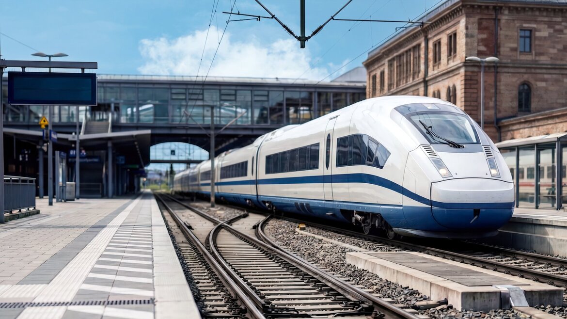 Ein moderner, weiß-blauer Hochgeschwindigkeitszug an einem Bahnhof mit leeren Bahnsteigen, Oberleitungen und historischen Backsteingebäuden im Hintergrund.