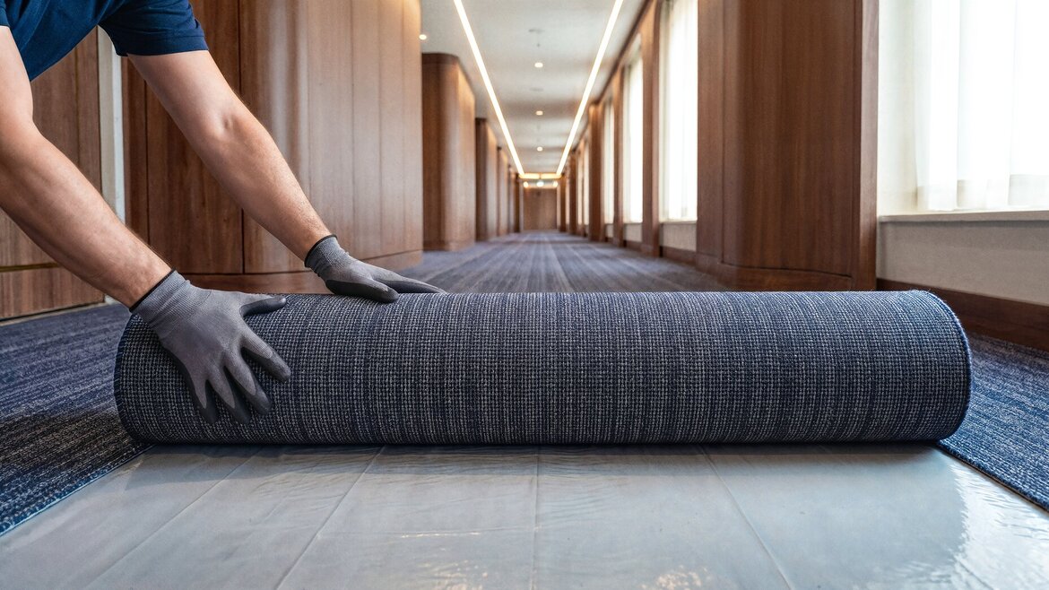 Eine Person, die Handschuhe trägt, rollt in einem langen, modernen Flur mit Holzwänden und großen Fenstern einen blauen Bodenbelag aus.