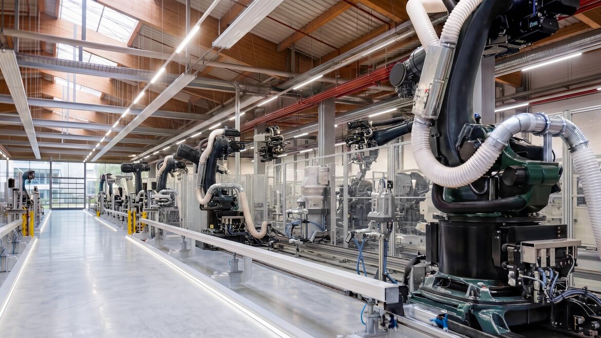 Ein modernes Fabrikinterieur mit großen Roboterarmen und Maschinen, die in Reih und Glied auf einer sauberen, hellen Produktionsfläche stehen, unter einer hohen Decke mit Oberlichtern.