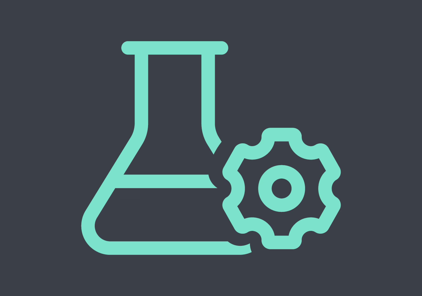 Auf einem dunkelgrauen Hintergrund überlagern sich der mintfarbene Umriss eines Laborkolbens und ein Zahnrad-Symbol, was für Wissenschaft und Technik bzw. für wissenschaftliche Forschung und technologische Integration steht.