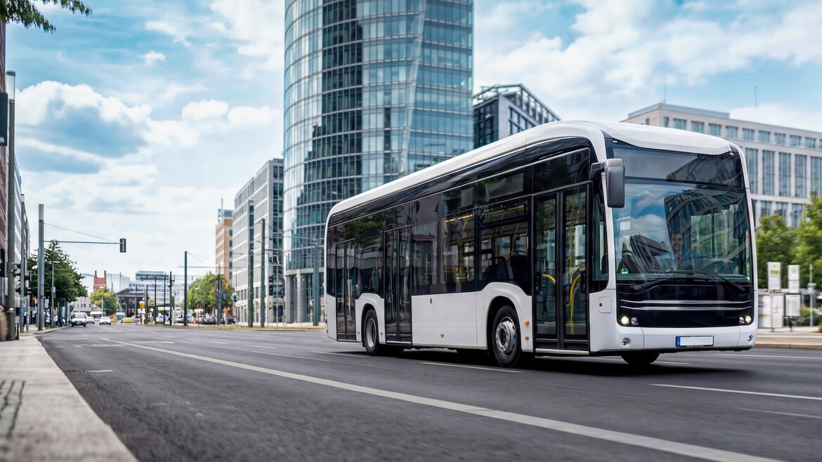 Ein moderner Stadtbus fährt durch eine leere Straße, im Hintergrund sind hohe Glasgebäude und der blaue Himmel zu sehen.