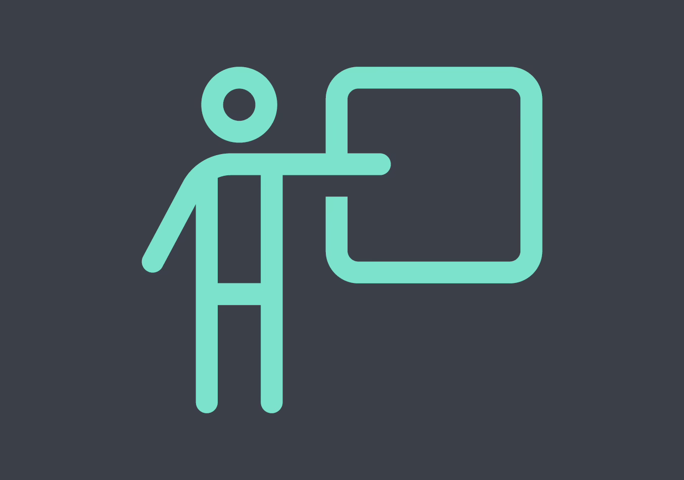 Ein schlichtes, mintfarbenes Symbol, das eine Person zeigt, die auf ein großes Quadrat zeigt oder es berührt, vor einem dunklen Hintergrund.